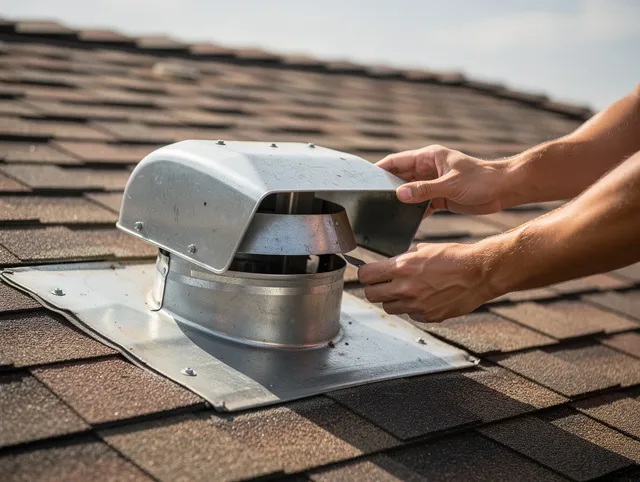 Greeley Dryer Vent Cleaning certified technician safely cleaning a roof-mounted dryer vent in Greeley
